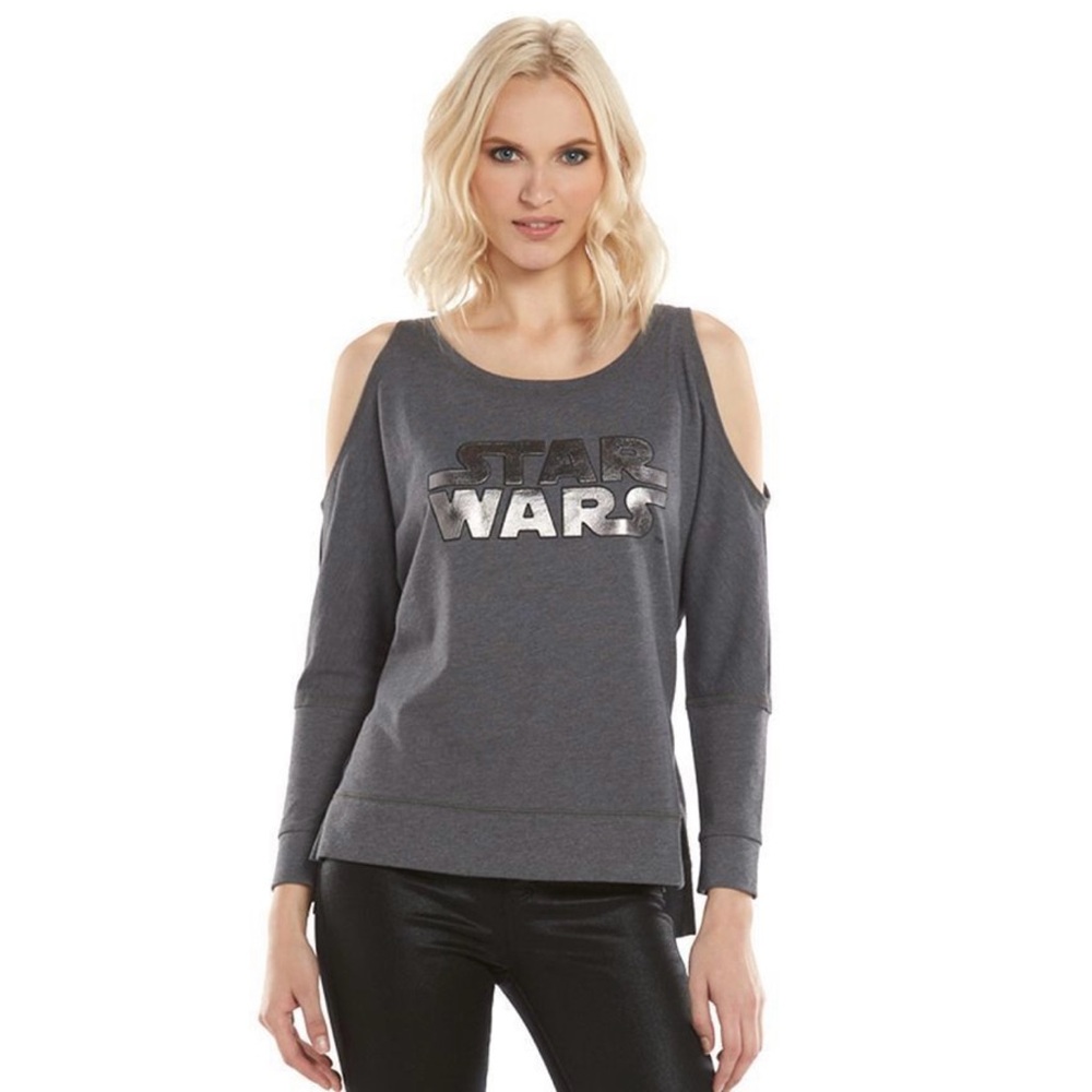 NEW Rock & Republic Star Wars Cold Shoulder Grey Side Split Hem Shirt Size Small